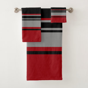 Black, Grey Red and White Stripes Bath Towel Set
