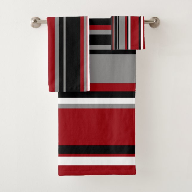 Black, Grey Red and White Stripes Bath Towel Set (Insitu)