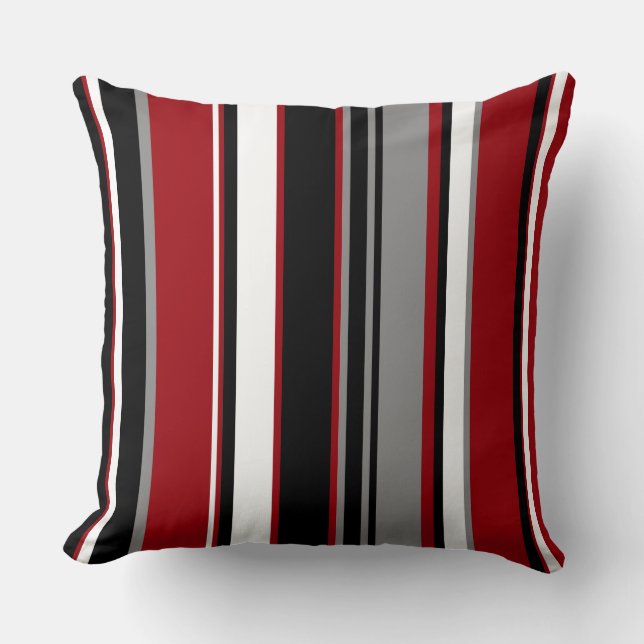 Black, Grey Red and White Stripes Cushion (Front)