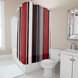 Black, Grey Red and White Stripes Shower Curtain