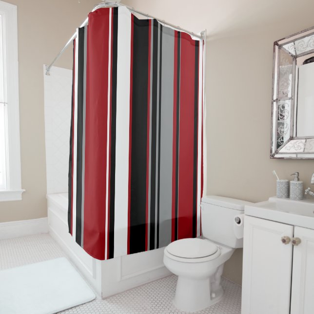 Black, Grey Red and White Stripes Shower Curtain (In Situ)