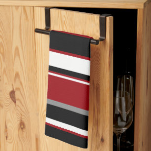 Black, Grey Red and White Stripes Tea Towel