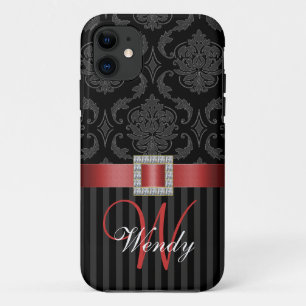 Black Grey Red Damask Stripes Pattern iPhone 11 Case