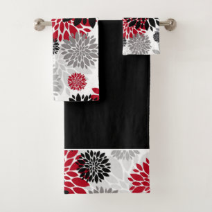 Black Grey Red Flower Pattern Bath Towel Set