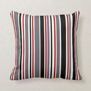 Black, Grey, Red, White, Stripes Cushion
