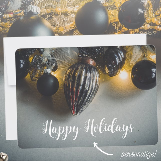 Black Grey Retro Christmas Ornaments Holiday Card (Creator Uploaded)