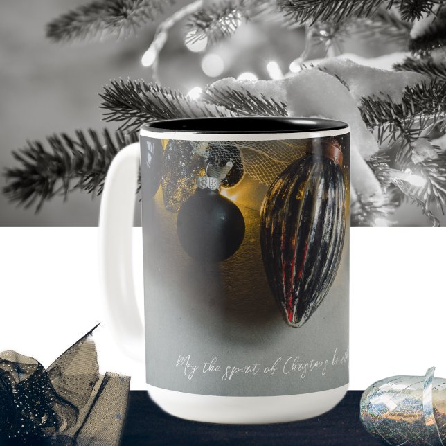 Black Grey Retro Christmas Ornaments Two-Tone Coffee Mug (Creator Uploaded)