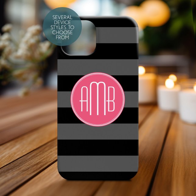 Black & Grey Rugby Stripes with Hot Pink Monogram (Personalized Phone Case with Monogram)