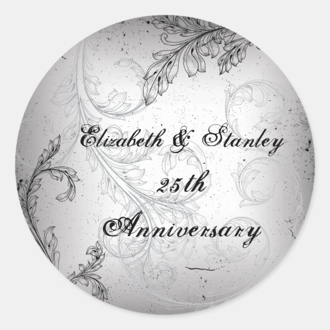 Black grey scroll 25th silver wedding anniversary classic round sticker (Front)
