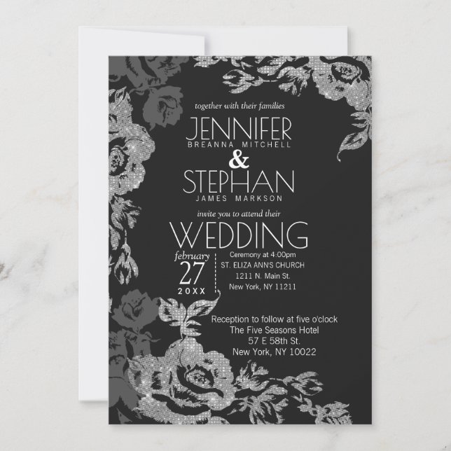 Black Grey Silver Glitter Floral Wedding Invitation (Front)