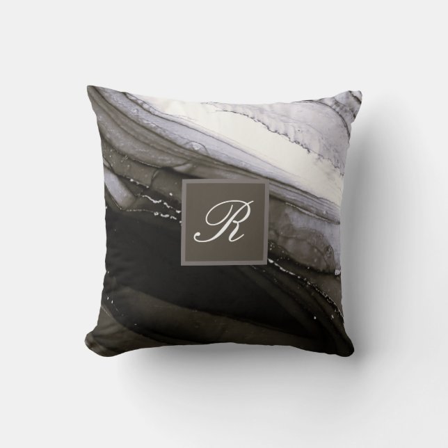 Black Grey Silver Marble Pretty Charcoal Monogram Cushion (Front)