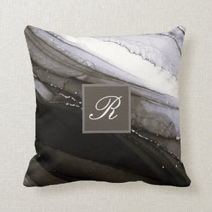 Black Grey Silver Marble Pretty Charcoal Monogram Cushion
