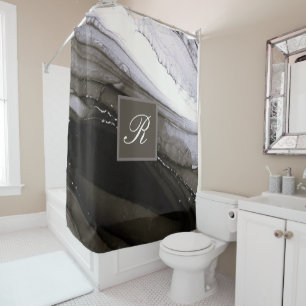 Black Grey Silver Marble Pretty Charcoal Monogram Shower Curtain