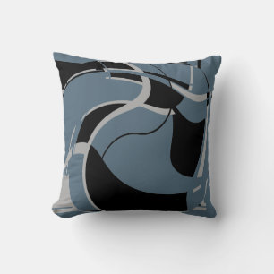 Black Grey Slate Blue Swirling Abstract MCM Look Cushion