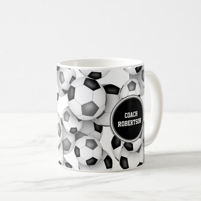 black grey soccer balls team colours coach gifts coffee mug (Front Right)