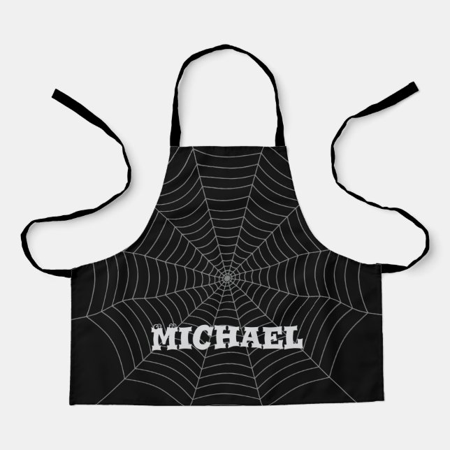 Black grey spider web Halloween pattern Your name Apron (Front)