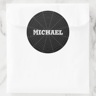 Black grey spider web Halloween pattern Your name Classic Round Sticker