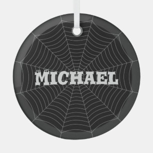Black grey spider web Halloween pattern Your name Glass Tree Decoration