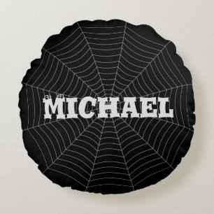 Black grey spider web Halloween pattern Your name Round Cushion