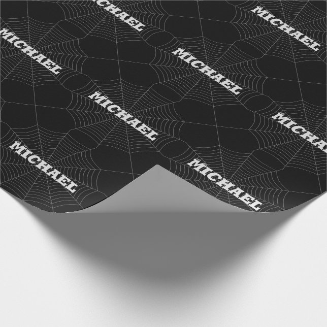 Black grey spider web Halloween pattern Your name Wrapping Paper (Corner)
