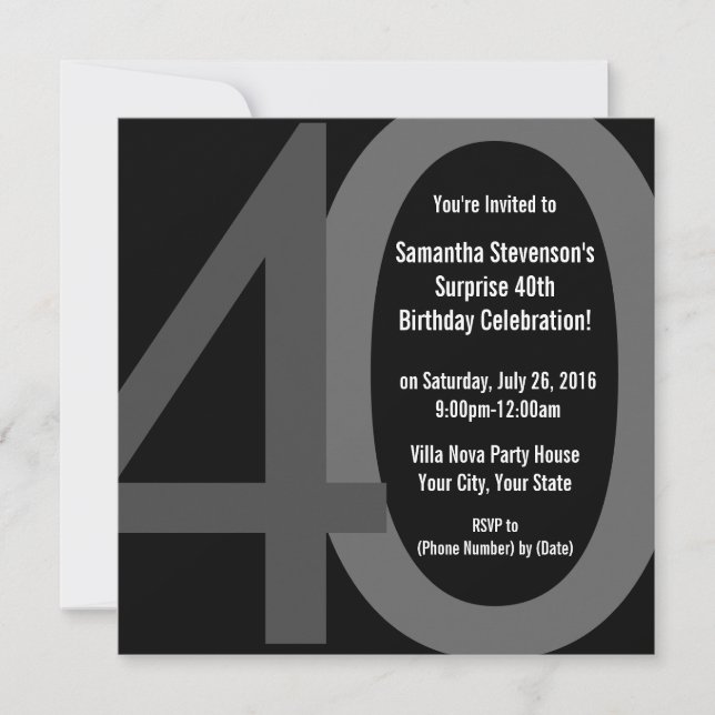 Black/Grey Square Big 40 Birthday Party Invitation (Front)
