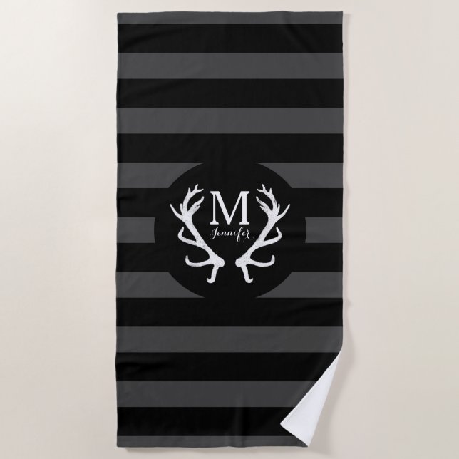 Black Grey Stripes Rustic Deer Antlers Monogram Beach Towel (Front)