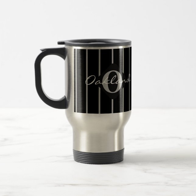 Black & Grey Stripes Travel Coffee Mug-Oakland Travel Mug (Left)