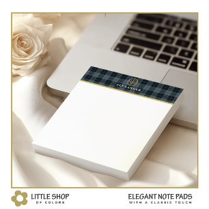 Black Grey Tartan Customisable Gold Logo Monogram Notepad