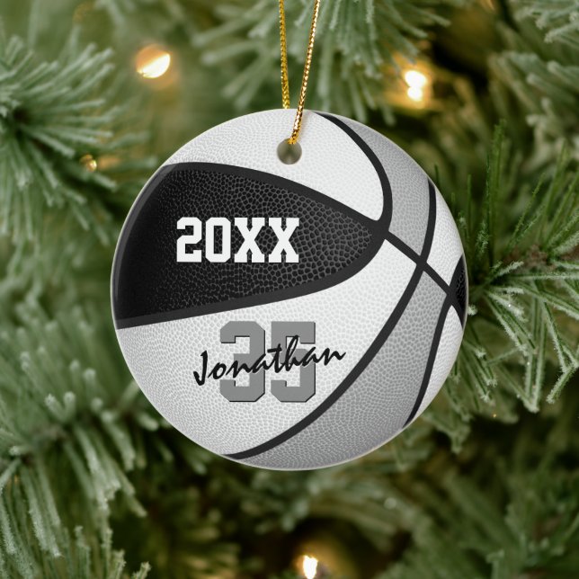 black grey team colours boys girls name basketball ceramic ornament (Tree)