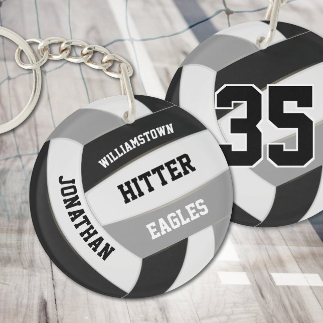 black grey team colours personalised volleyball key ring (front and back)