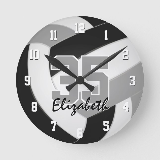 black grey team colours players name volleyball round clock (Front)