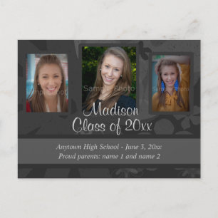 Black & Grey Three Photo Graduation Save the Date Announcement Postcard