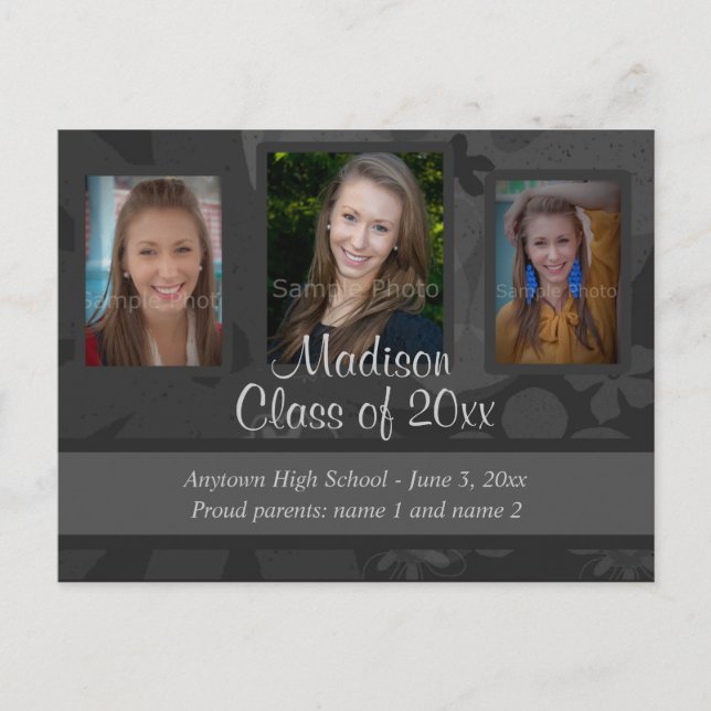 Black & Grey Three Photo Graduation Save the Date Announcement Postcard (Front)
