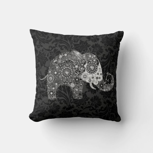 Black & Grey Tones Retro Floral Elephant Cushion (Front)