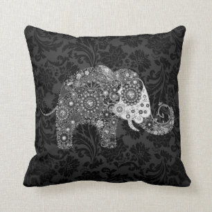 Black & Grey Tones Retro Floral Elephant Cushion