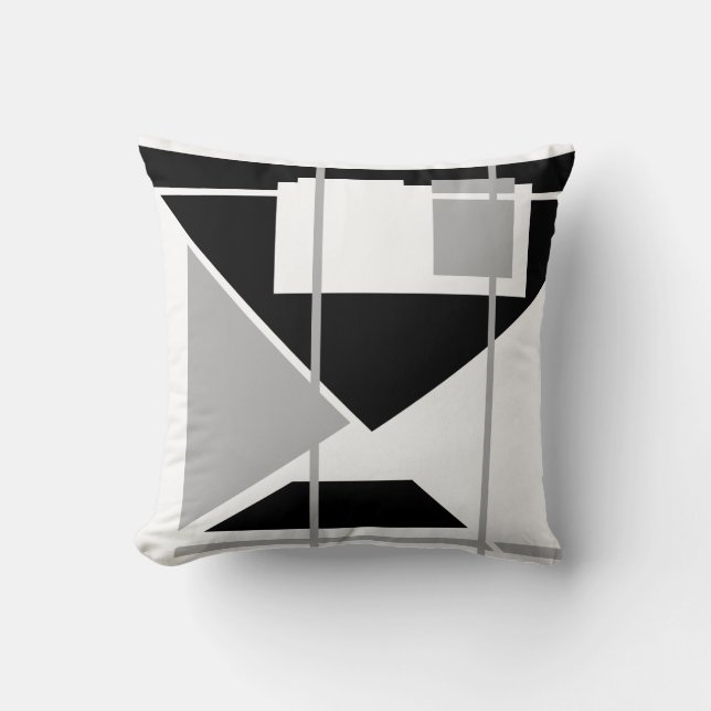 Black Grey Triangles on White Geometric Abstract Cushion (Front)
