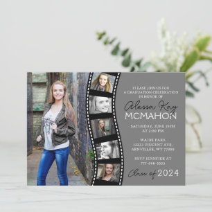 Black & Grey Unique Filmstrip 6 Photo Graduation Invitation