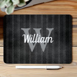 Black Grey Vintage Pinstripe Retro Monogram Mouse Pad<br><div class="desc">This design features a vintage pinstripe pattern in off black with pale grey dashed stripes. Personalise it with your monogram initial in grey and your name in white retro script.</div>