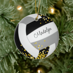 black grey volleyball with tiny gold stars ceramic ornament