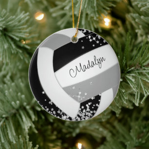 black grey volleyball with tiny silver stars ceramic ornament