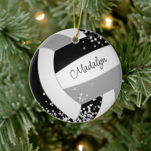 black grey volleyball with tiny silver stars ceramic ornament (Tree)