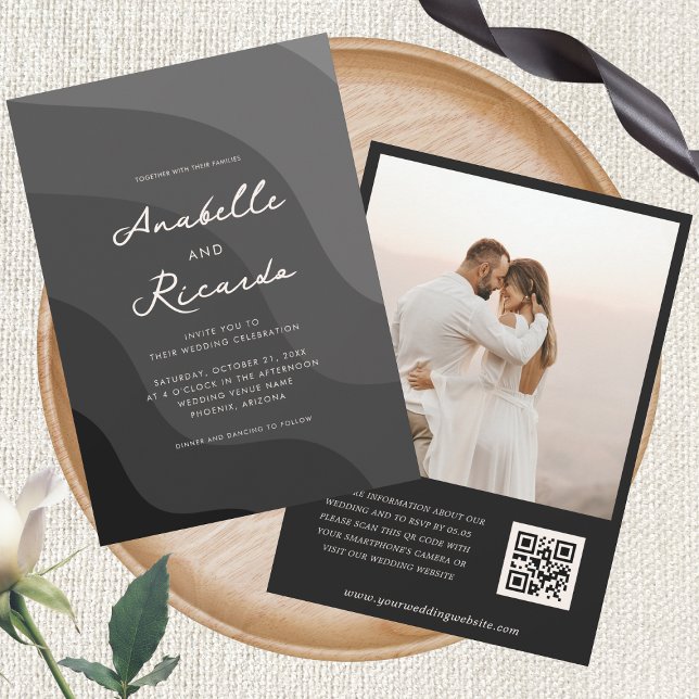Black Grey Wavy Geometric QR Code Photo Wedding Invitation (Creator Uploaded)