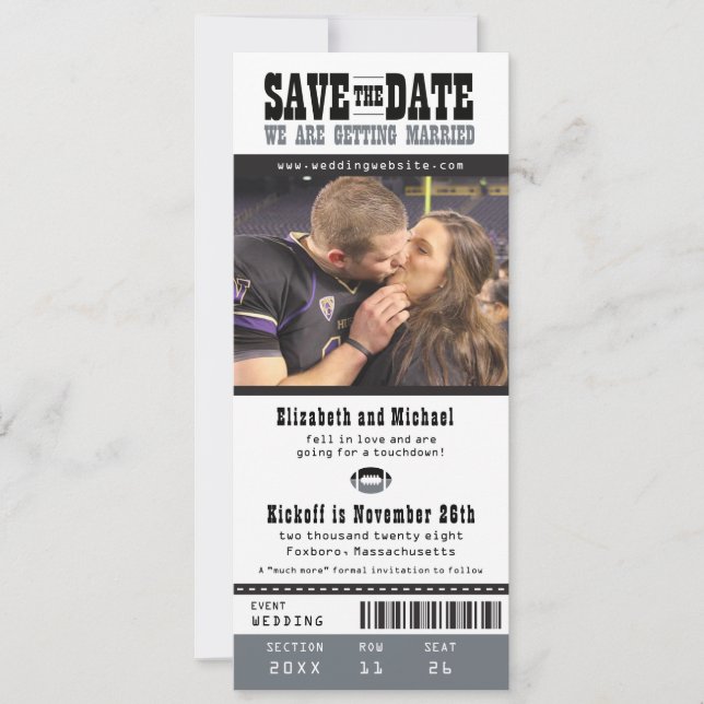 Black Grey Wedding Save the Date Football Ticket (Front)