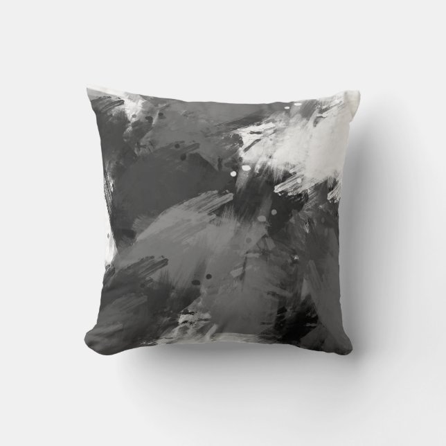 Black Grey White Abstract Modern Brushstrokes Cushion (Front)