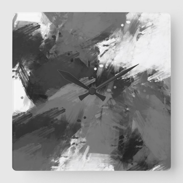 Black Grey White Abstract Modern Brushstrokes Square Wall Clock (Front)