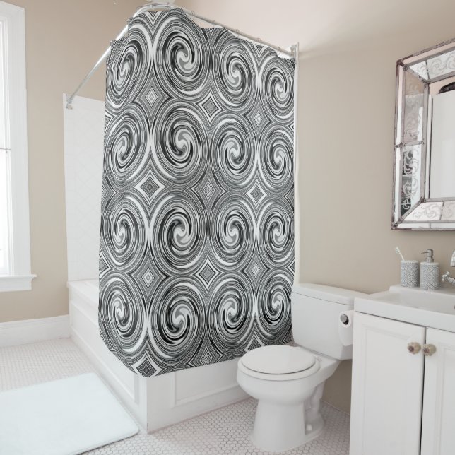Black Grey White Abstract Swirl Pattern Shower Curtain (In Situ)