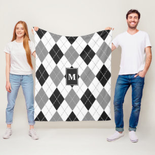 black grey white argyle plaid monogrammed fleece blanket