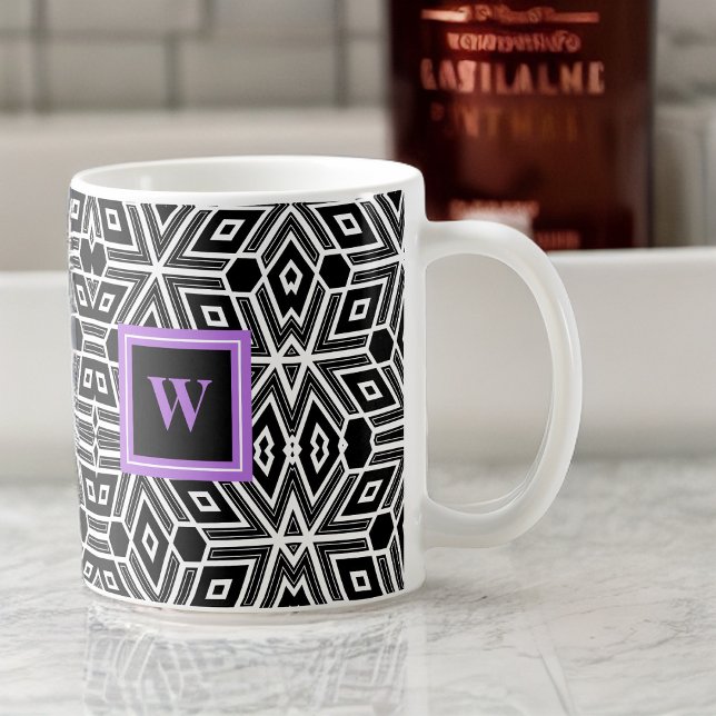 Black Grey White Cubism with Purple Monogram Coffee Mug (Creator Uploaded)