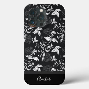 Black Grey White Elegant Floral Leaf Personalised iPhone 13 Pro Case