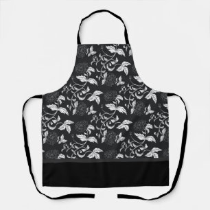 Black Grey White Elegant Modern Floral Leaf Apron